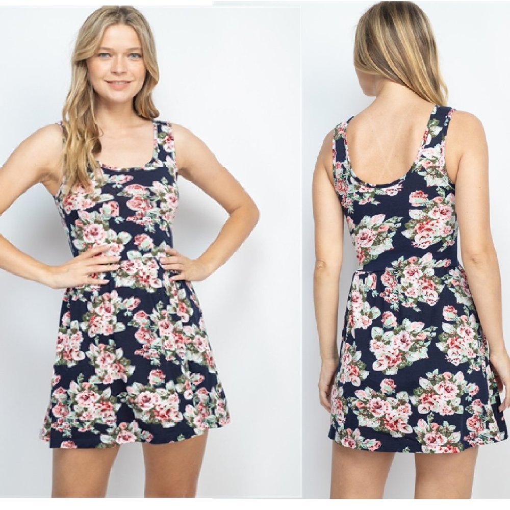 NWT Sleeveless navy with pink floral print